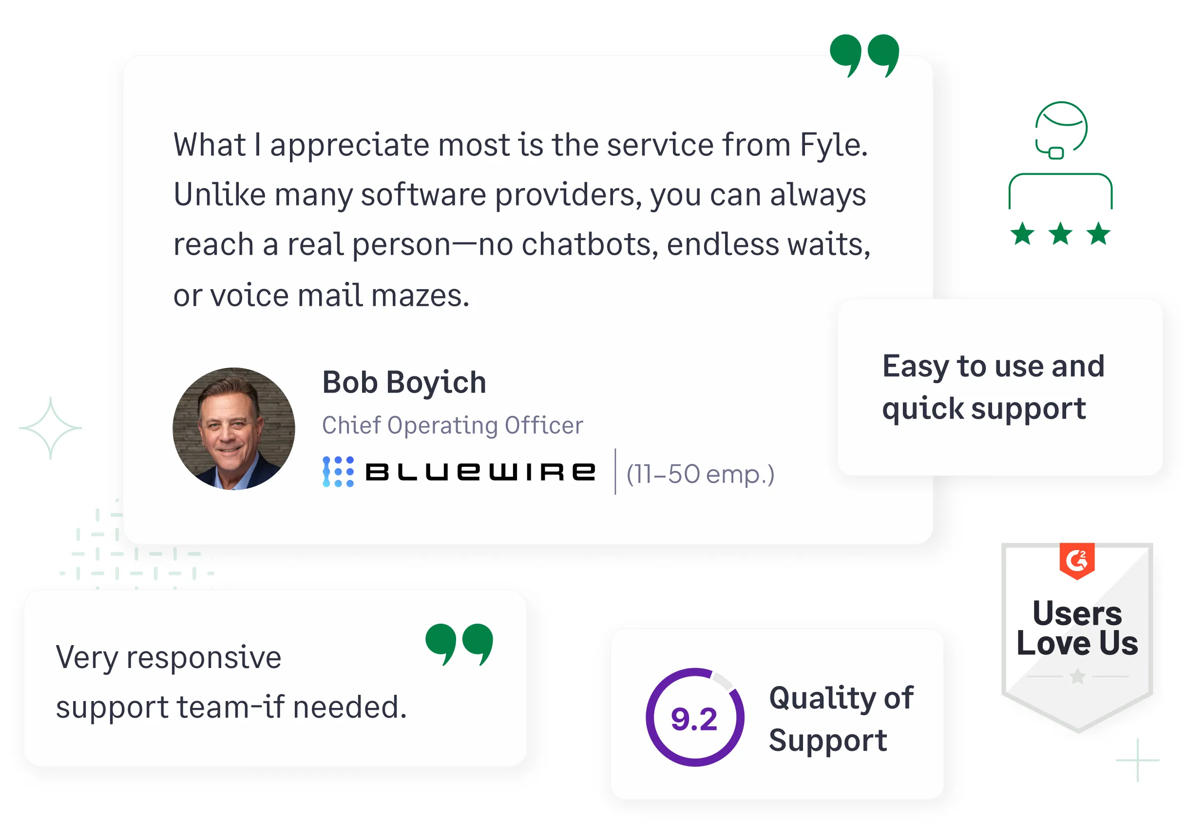 Fyle's customer testimonial, ratings and badges