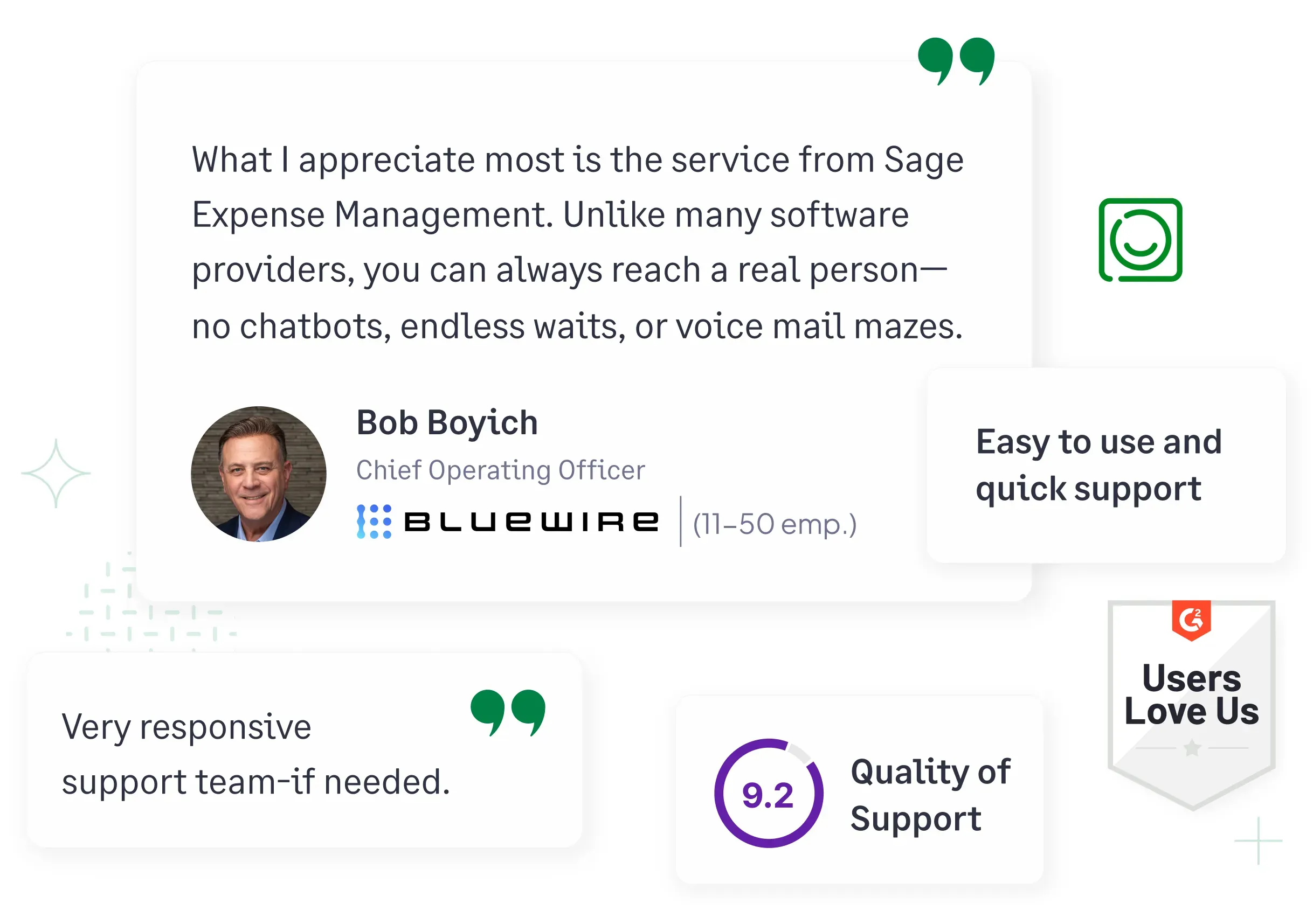 Sage Expense Management's customer testimonial, ratings and badges
