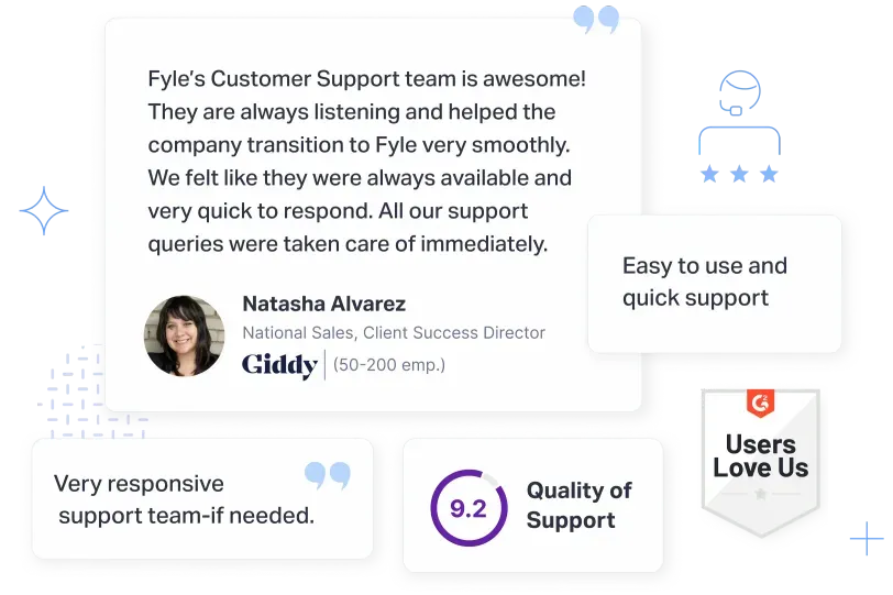 Fyle's customer testimonial, ratings and badges