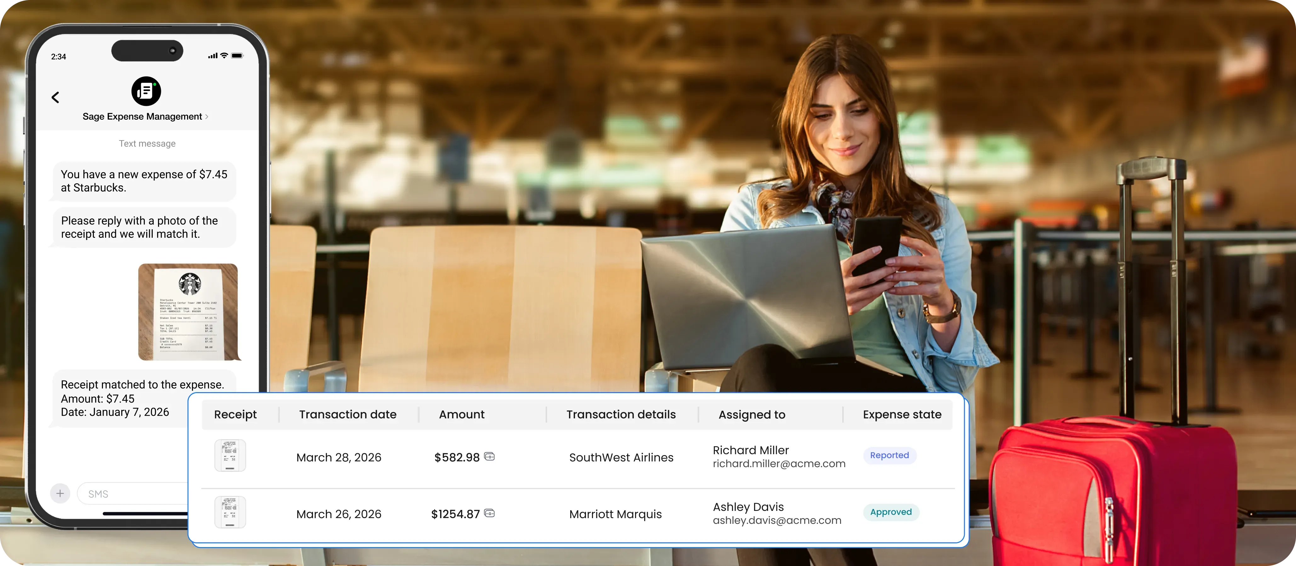 A woman using her phone to track travel expenses via text message with Sage Expense Management's real-time feeds
