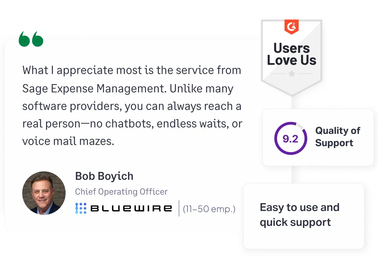 Customer testimonial quotes and ratings for Sage Expense Management